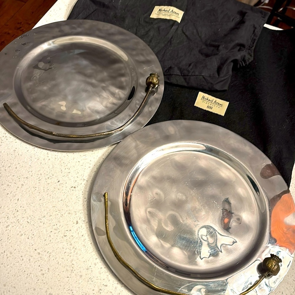 2 MICHAEL ARAM Stainless Steel Art Crafted 13" Plates with dust bags